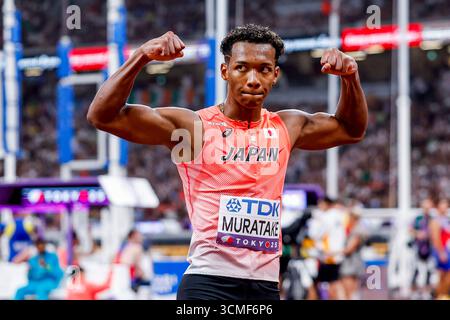 Rachid Muratake du Japon célèbre sa participation à la demi-finale masculine du 110 mètres haies lors des Championnats du monde d'athlétisme Tokyo 2025 du jour 4 au stade national du Japon le 16 septembre 2025 à Tokyo, au Japon. (Crédit : Marcel ter bals/MTB-photo/Alamy Live News) Banque D'Images