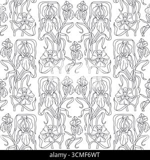 Style Art nouveau dessin à la main ligne art iris fleurs sans couture motif Illustration de Vecteur
