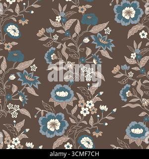Motif jacobéen sans couture avec des fleurs bleues dessinées à la main et des feuilles sur fond brun. Papier peint floral boho répété avec ornement indien chintz Illustration de Vecteur