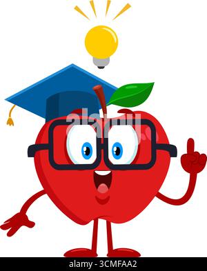 Joyeux personnage de dessin animé de professeur d'Apple rouge avec chapeau de graduation et lunettes ayant une idée avec ampoule. Illustration vectorielle Flat Design Illustration de Vecteur