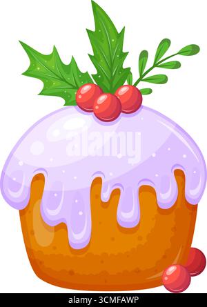 Gâteau de Noël festif avec glaçage violet, feuilles de houx et baies rouges. parfait pour les créations de vacances et les salutations saisonnières. Illustration de Vecteur