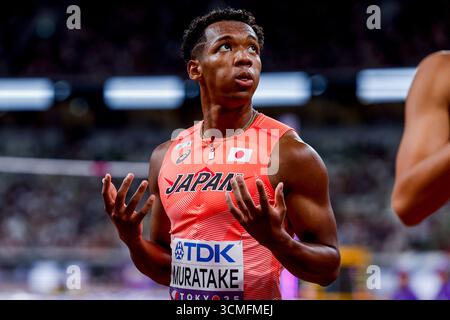Rachid Muratake du Japon célèbre sa participation à la demi-finale masculine du 110 mètres haies lors des Championnats du monde d'athlétisme Tokyo 2025 du jour 4 au stade national du Japon le 16 septembre 2025 à Tokyo, au Japon. (Crédit : Marcel ter bals/MTB-photo/Alamy Live News) Banque D'Images