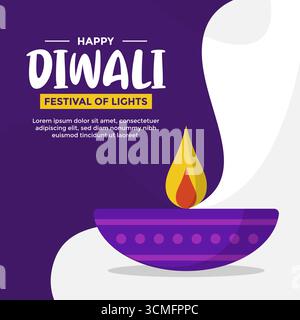 Illustration de voeux Diwali avec une lampe à huile violette brillante et une typographie festive. Illustration de Vecteur
