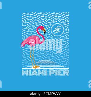 Rose Flamingo avec Ocean Waves et Pier Illustration de Vecteur