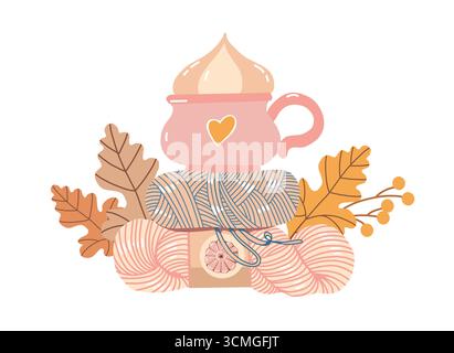 Composition d'automne dans des couleurs pastel avec boisson chaude, tasse, fil, feuilles d'automne. Illustration vectorielle d'automne mignonne dans les tons rose et beige. Illustration de Vecteur