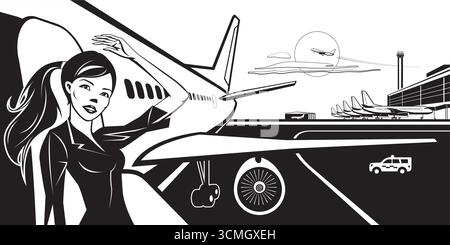 Hôtesse de l'air agitant de l'avion décollant de l'aéroport - illustration vectorielle Illustration de Vecteur