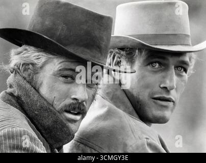 Les icônes hollywoodiennes Robert Redford et Paul Newman. Photo publicitaire pour le film Butch Cassidy and the Sundance Kid. 1969 Banque D'Images