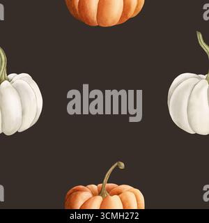 Citrouilles légumes d'automne orange et blanc. Aquarelle peint à la main motif sans couture de nourriture sur fond sombre conception d'automne Cozy imprime mignon kitche à la maison Banque D'Images