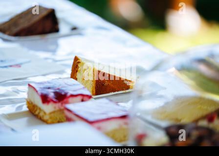 Assortiment de gâteaux exposés lors d'événements extérieurs avec un éclairage éclatant. Banque D'Images