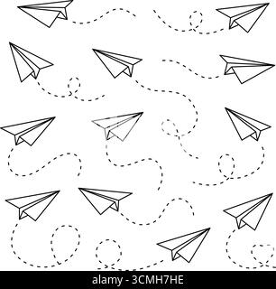 Avions minimalistes en papier avec des trajectoires de vol en pointillés. Doodle linéaire noir et blanc en mouvement dynamique, symbolisant la liberté et le voyage Illustration de Vecteur