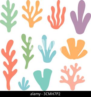 Corail lumineux et algues. Plantes sous-marines de style plat pour thèmes marins et océaniques Illustration de Vecteur