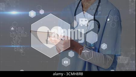 Montrer infirmière en gommage avec stéthoscope à l'aide de tablette en santé numérique avec des icônes hexadécimales, espace copie Banque D'Images