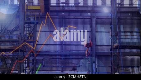 Avec poulie à crochet orange pour pont roulant se déplaçant à travers le rail dans l'entrepôt, avec superposition de cartes Banque D'Images