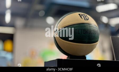 Athènes, Grèce - 14 janvier 2025 : Giannis Antetokounmpo signature Basketball sur le stand d'exposition du magasin Banque D'Images
