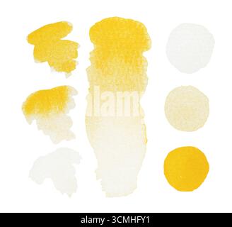 Échantillons d'aquarelle jaune peints isolés sur blanc Banque D'Images