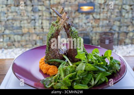 Une assiette d'un agneau à l'aide de verdure et du côté de la purée de pommes de terre. Les agneaux hachés sont situés de telle sorte qu'ils semblent comme s'ils étaient Banque D'Images