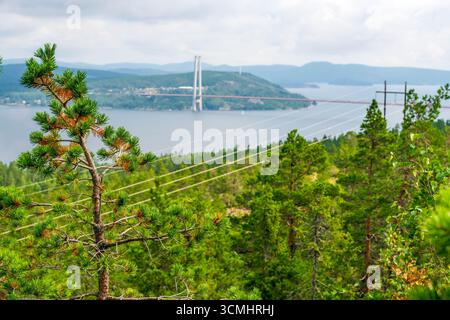 High Coast Bridge en Suède s'étend sur un plan d'eau serein, vu d'une forêt verdoyante, mettant en valeur le mélange harmonieux de la nature et de l'infra Banque D'Images