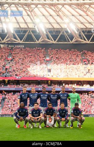 Bilbao, Biscaye, Espagne - 16 septembre 2025 : début de l'Elevent de l'Arsenal Football Club avant le match Athletic Club vs Arsenal Football Club, qui fait partie de l'UEFA Champions League 2025, au stade San Mamés. Crédit : Rubén Gil/Alamy Live News. Banque D'Images