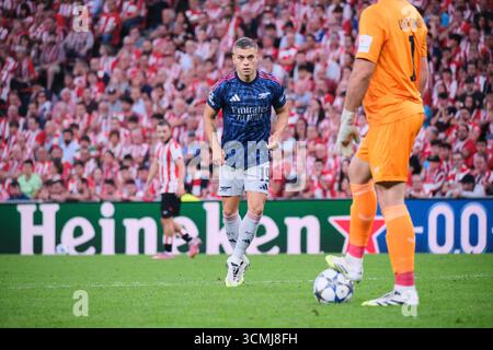 Bilbao, Biscaye, Espagne - 16 septembre 2025 : Leandro Trossard de l'Arsenal Football Club dans le match Athletic Club vs Arsenal Football Club, dans le cadre de l'UEFA Champions League 2025, qui s'est tenu au stade San Mamés. Crédit : Rubén Gil/Alamy Live News. Banque D'Images