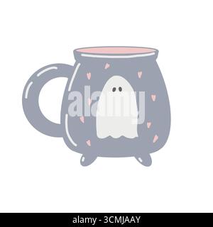 Illustration vectorielle de tasse mignonne d'Halloween. Tasse de thé sous la forme d'un chaudron de sorcières avec un fantôme mignon et des coeurs. Illustration de bande dessinée plate sur un fond blanc. Clip art vectoriel dans des couleurs rose pastel et gris Illustration de Vecteur