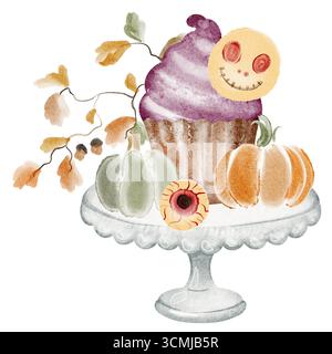 Nature morte d'automne avec citrouilles, cupcakes, feuilles et assiette. Dessin aquarelle, récolte d'automne, action de grâce, halloween, célébration saisonnière. Banque D'Images