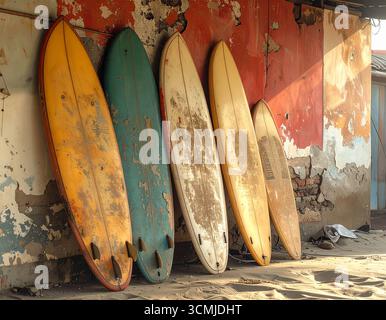 Des planches de surf de style vintage appuyées contre un mur de cabane de surf. Banque D'Images