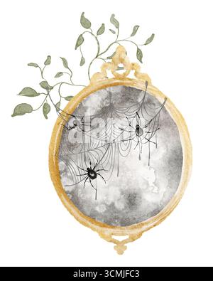 Vieux miroir avec toiles d'araignée et araignées. Illustration aquarelle pour carte, affiche ou invitation d'Halloween. Cadre antique et verre poussiéreux. Banque D'Images