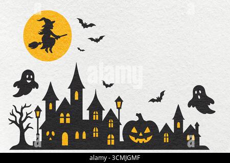 Bannière d'Halloween avec château hanté, sorcière, chauves-souris, fantômes et citrouille sur fond de papier blanc plat avec espace de copie. Banque D'Images