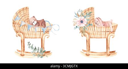 Ensemble berceau bébé aquarelle pour une fille et un garçon de rotin avec bouquets floraux et jouets en peluche, lapin et ours dans le style Vintage isolé sur un blanc Banque D'Images