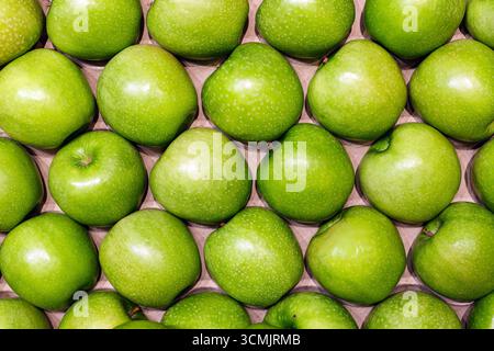Pommes vertes soigneusement disposées sur une surface en bois, soulignant leur couleur vibrante et leur texture lisse, parfait pour des recettes saines et des produits frais d Banque D'Images