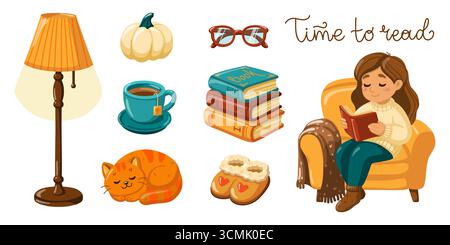 Ensemble de vecteur de dessin animé avec des livres, lampe, chat, tasse à thé et accessoires de lecture confortables. Illustration isolée vectorielle sur fond blanc. Illustration de Vecteur