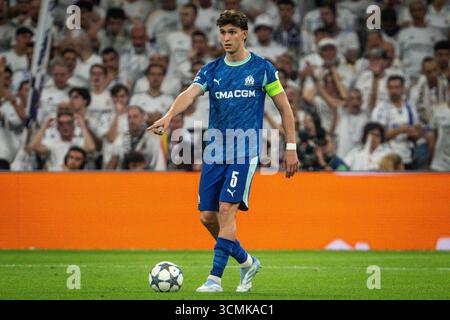 Madrid, Espagne. 16 septembre 2025. Leonardo BALERDI de Marseille lors de la Ligue des Champions de l'UEFA, phase de Ligue, match de football du jour 1 entre le Real Madrid CF et l'Olympique de Marseille le 16 septembre 2025 au stade Santiago Bernabeu de Madrid, Espagne - photo Matthieu Mirville/DPPI crédit : DPPI Media/Alamy Live News Banque D'Images