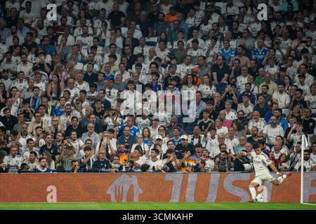 Arda GULER du Real Madrid lors de la Ligue des Champions de l'UEFA, phase de Ligue, match de football de la journée 1 entre le Real Madrid CF et l'Olympique de Marseille le 16 septembre 2025 au stade Santiago Bernabeu de Madrid, Espagne Banque D'Images