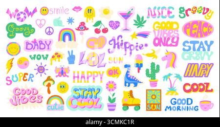 Retro Happy sticker pack forme set 90s. Visage souriant de la bande dessinée vintage. Hippie groovy style de dessin animé autocollant cool à la mode. Illustration vectorielle de collection de lot de patch de citation de vieille école ludique naïve Illustration de Vecteur