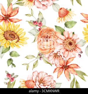 Motif floral aquarelle sans couture avec tournesols, pivoines, roses et feuillage dans des tons chauds d'automne. Parfait pour le tissu, le papier d'emballage, ou saisonnier Banque D'Images