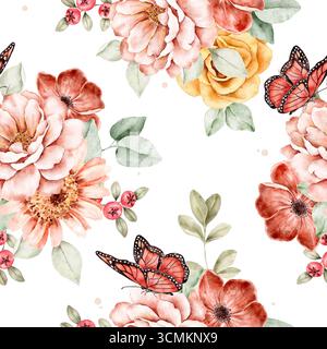 Motif aquarelle sans couture avec des roses, des fleurs, des papillons et du feuillage vert dans des tons chauds d'automne. Partie de Golden Hour Set, adapté au tissu, wra Banque D'Images