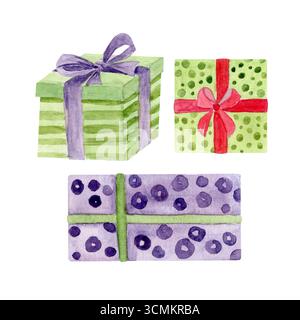 Coffrets cadeaux ensemble noué avec un ruban et un noeud. Illustration aquarelle isolée sur blanc. Parfait pour Noël, nouvel an, anniversaire, célébration Banque D'Images