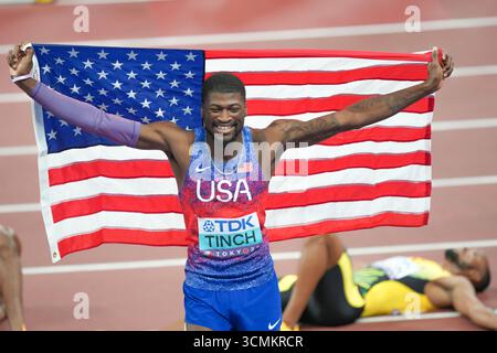 Tokyo (26 septembre 2025). L’athlète américaine Cordell Tinch remporte la médaille d’or 110 haies. Championnats du monde d'athlétisme, Tokyo 2025. Crédit : Mariano Garcia/Alamy Live News Banque D'Images