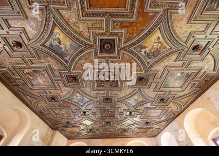 Plafond à caissons de style Renaissance orné de peintures religieuses et de décorations en bois, situé dans le château d'eau de Svihov, en Tchéquie Banque D'Images
