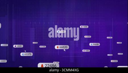 Badge flottant en forme de cloche montrant 66820 planant sur une grille pourpre dégradée, avec graphique à barres verticales Banque D'Images