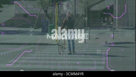 Pousser l'homme avec un vélo à travers le passage de zèbre dans la rue avec la superposition de circuit violet, texte de MALWARE Banque D'Images