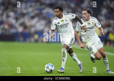 Rodrygo du Real Madrid lors de la Ligue des Champions de l'UEFA, phase de Ligue, match de football de la journée 1 entre le Real Madrid CF et l'Olympique de Marseille le 16 septembre 2025 au stade Santiago Bernabeu de Madrid, Espagne Banque D'Images