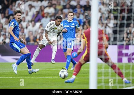 Rodrygo du Real Madrid lors de la Ligue des Champions de l'UEFA, phase de Ligue, match de football de la journée 1 entre le Real Madrid CF et l'Olympique de Marseille le 16 septembre 2025 au stade Santiago Bernabeu de Madrid, Espagne Banque D'Images