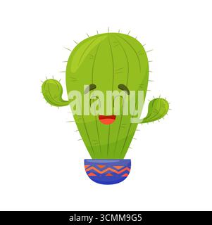Mignon personnage de cactus souriant dans un pot coloré, isolé sur fond blanc. Illustration de Vecteur
