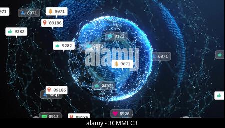 Sphère de données bleue centrale pulsée tournant dans le cyberespace, avec des icônes de notification flottantes Banque D'Images