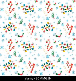 Modèle sans couture avec un thème de Noël, avec des guirlandes d'ampoules, de cannes à sucre et de guimauves. Illustration d'aquarelle dessinée à la main. vacances, nouveau Banque D'Images