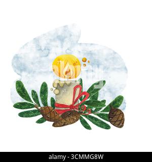 Composition de pommes de pin, branches de sapin et bougies. Illustration d'aquarelle dessinée à la main. Nouvel an, Noël, vacances, branche de sapin, pomme de pin, bleu Banque D'Images