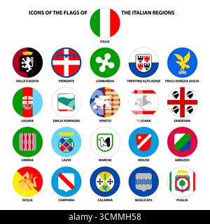 Italie, icônes rondes des drapeaux des régions de la République italienne, illustration vectorielle Illustration de Vecteur