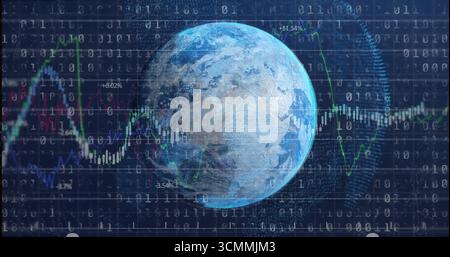 Représentant un globe bleu pulsé dans le tableau de bord, avec des chiffres binaires, des graphiques linéaires, des marqueurs de pourcentage Banque D'Images