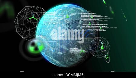 Globe terrestre numérique rotatif dans un environnement virtuel de visualisation de données, avec des blocs de texte de code Banque D'Images